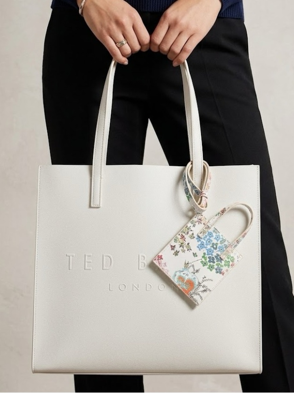 Ted Baker London The Icon Tote Bag Cream|Off White with Floral Card Holder Charm